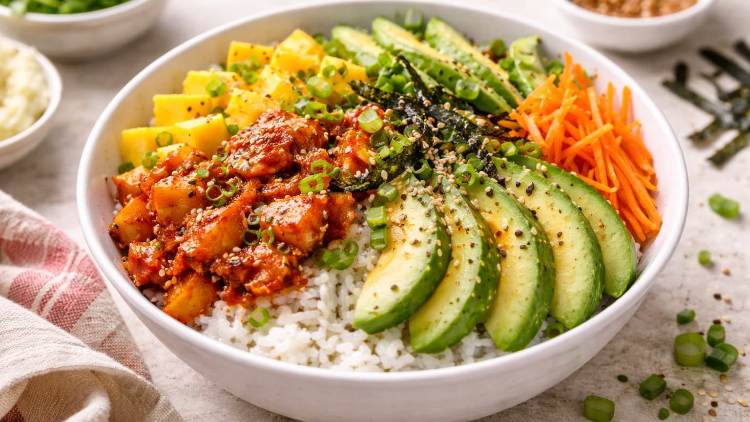 This vibrant image showcases a fusion sushi bowl featuring diced mango, creamy avocado slices, colorful julienned cucumber and carrot, and spicy kimchi arranged over a bed of sushi rice. The bowl occupies roughly 50% of the frame, centered, with warm natural lighting highlighting the fresh ingredients, while the background is softly blurred to emphasize the dish’s textures and colors.