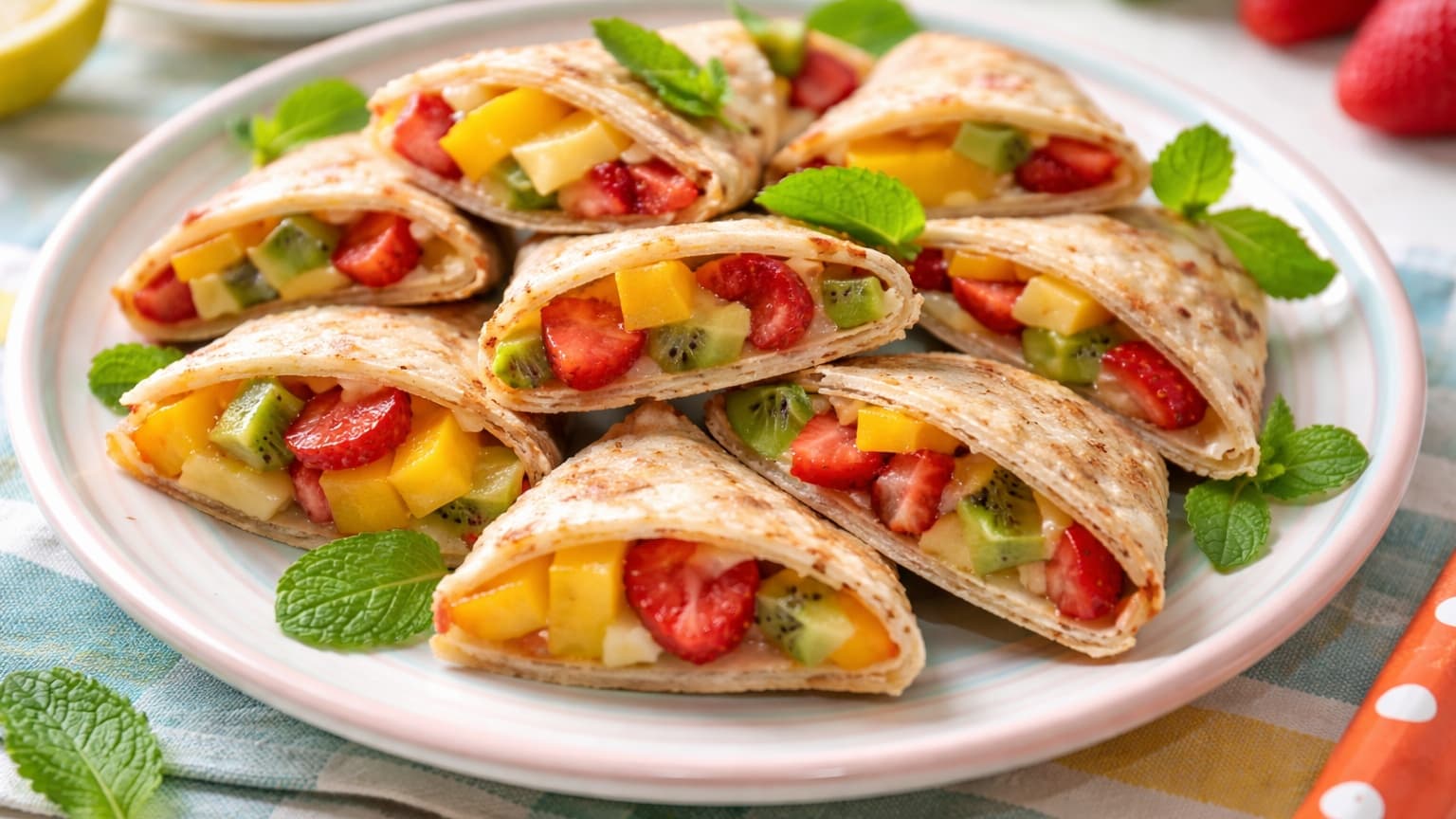 This bright and playful image features Rainbow Fruit Quesadilla Bites arranged on a colorful plate. The bite-sized quesadillas are filled with strawberries, kiwi, mango, and a hint of cheddar, cut into small triangles, showing the colorful fruit layers inside. The dish takes up roughly 50% of the image, centered, with natural lighting highlighting the vibrant colors, while the background is softly blurred to keep the focus on the quesadillas.