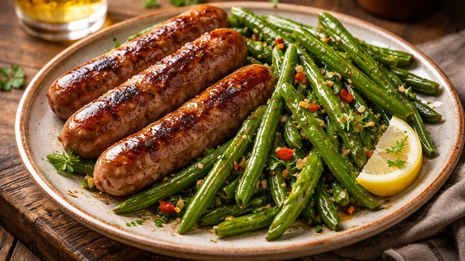 A hearty fusion bar snack featuring grilled, juicy sausages arranged on a rustic plate, accompanied by bright green sautéed green beans tossed with garlic, red chili flakes, and fresh parsley. The sausages are browned and slightly glistening, and the green beans have a vibrant, glossy appearance. The dish is shot from a slight overhead angle, taking up about 50% of the frame, with warm, cozy lighting that evokes a casual bar setting. The background is softly blurred, suggesting a wooden table with a cold beer nearby, emphasizing a relaxed, inviting atmosphere.