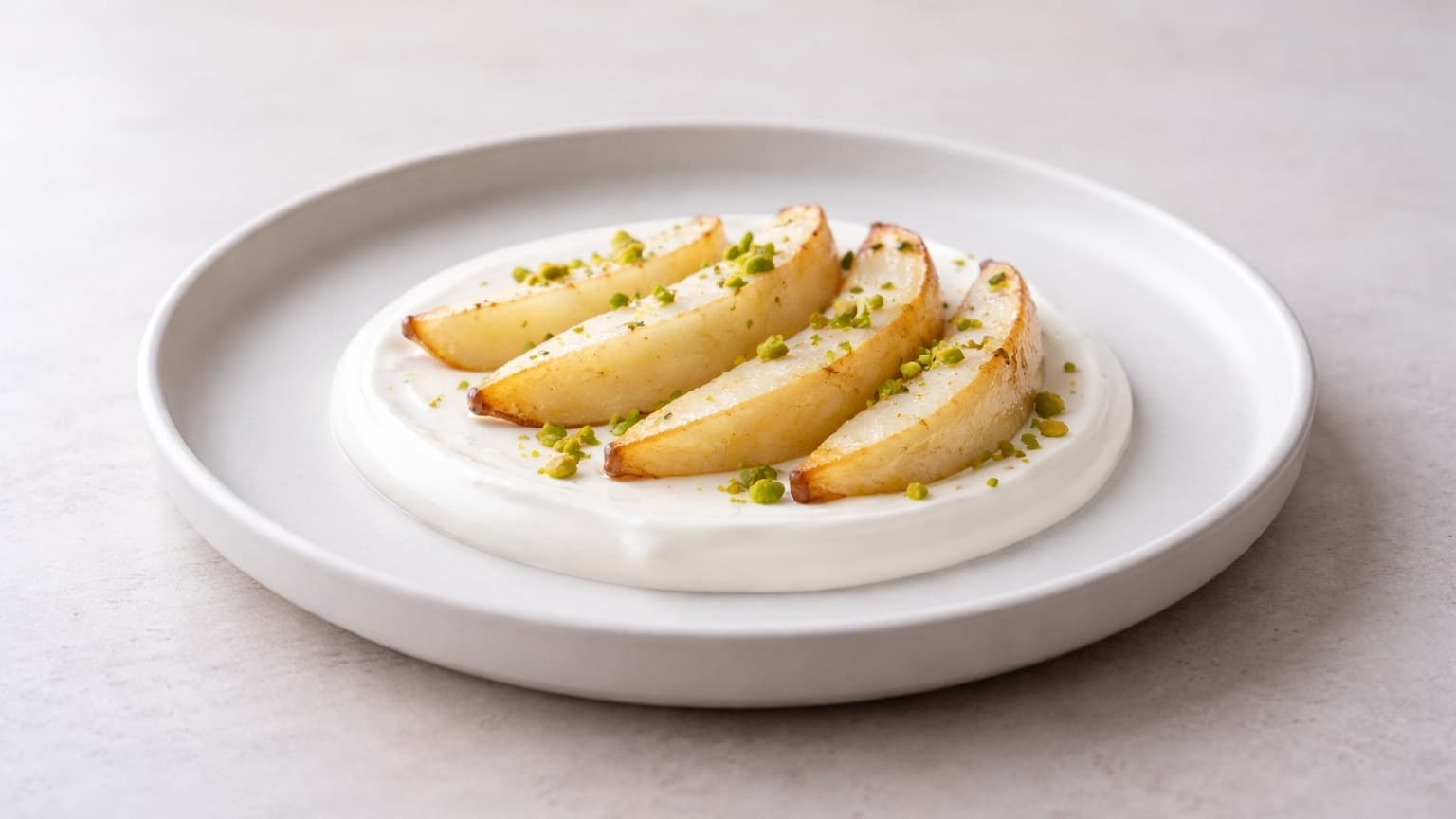 Minimalist food photograph shot from a 45-degree angle. A shallow matte white ceramic plate centered on a light neutral stone surface. In the center of the plate is a smooth oval layer of thick white yogurt cream. On top, roasted pear wedges made from peeled pears are arranged neatly in a gentle arc. Each wedge is crescent-shaped, approximately 1.5 cm thick and 6–7 cm long, with smooth pale golden surfaces and lightly caramelized golden-brown edges, free of visible spices or glaze. Finely chopped pistachios are sprinkled lightly over the pears, adding small green accents. Soft diffused daylight from the left, neutral tones, shallow depth of field, no props, no background elements.