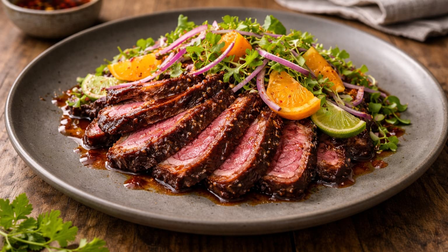 Delicious Charred Tamarind-Beef with Citrus Herb Garnish