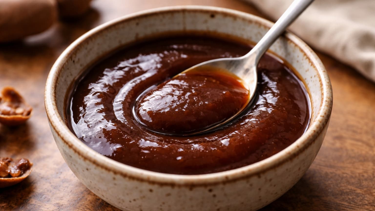 Close-up food photograph of a small ceramic bowl on a wooden surface filled with a glossy dark-brown tamarind sauce. A spoon rests inside the bowl, lightly coated. The texture looks smooth and thick. Soft natural daylight, shallow depth of field, no visible hands.