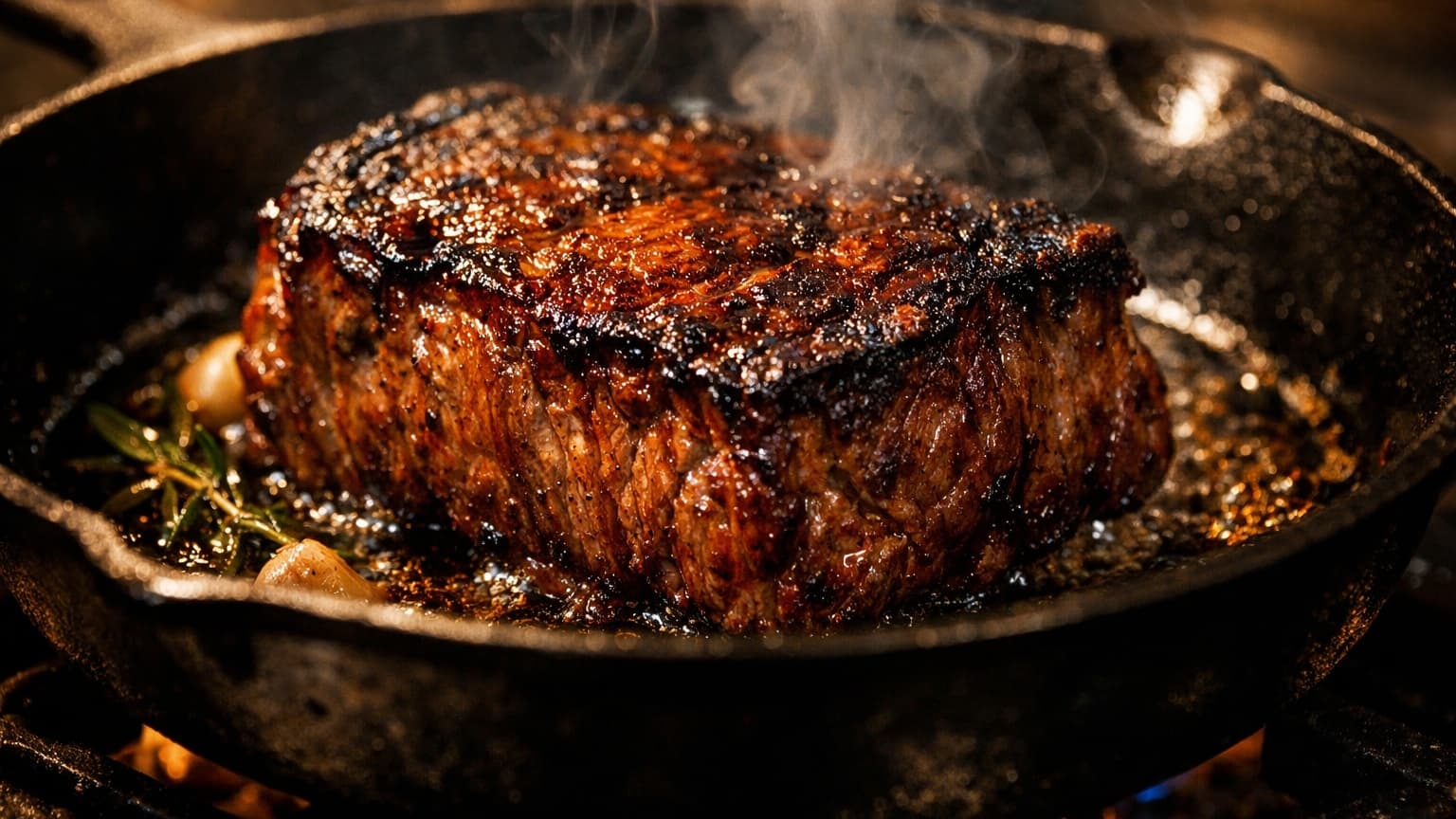 Action food photograph of a thick beef steak searing in a cast-iron skillet. The surface of the meat is deeply browned with caramelized edges, slight smoke rising. Warm kitchen lighting, dramatic contrast, shallow depth of field.