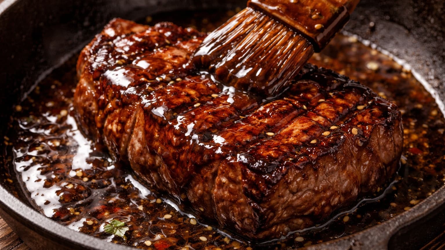 Close-up photograph of a beef steak in a pan being brushed with glossy tamarind glaze. The glaze shines under the light, clinging to the browned surface. Warm tones, focused detail on texture.