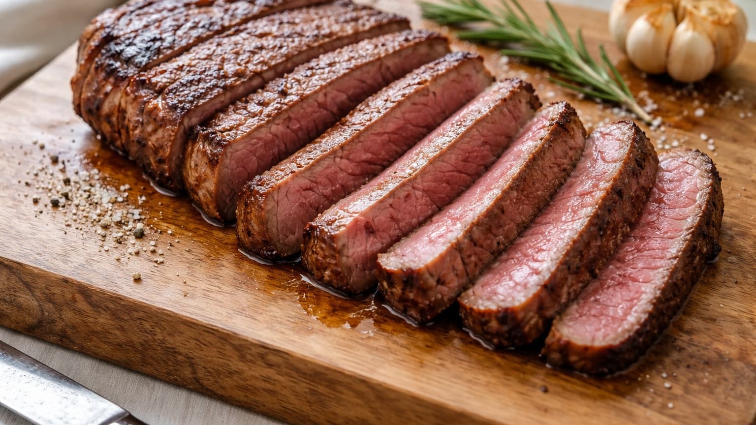 Food photograph of a rested beef steak on a wooden cutting board, sliced into even pieces. Juices are minimal, meat looks tender and pink inside. Natural daylight, clean composition.