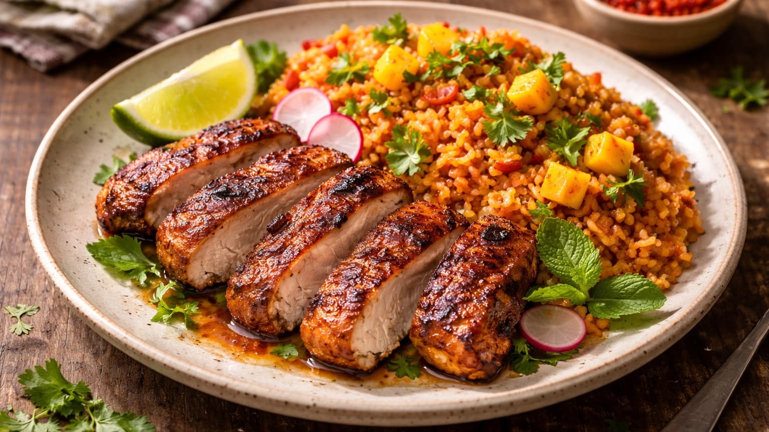 Delicious Berbere Chipotle Chicken with Mango-Lime Jollof