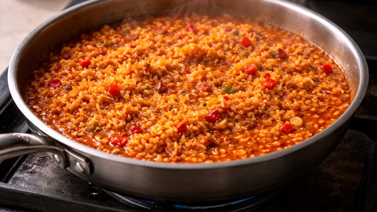 Natural kitchen photograph shot from a 45-degree angle. A wide saucepan on a stovetop contains orange-red rice simmering gently, grains visible and separate, with steam rising lightly. Small bits of red chili and onion are mixed throughout. Warm indoor light, realistic and clean composition.