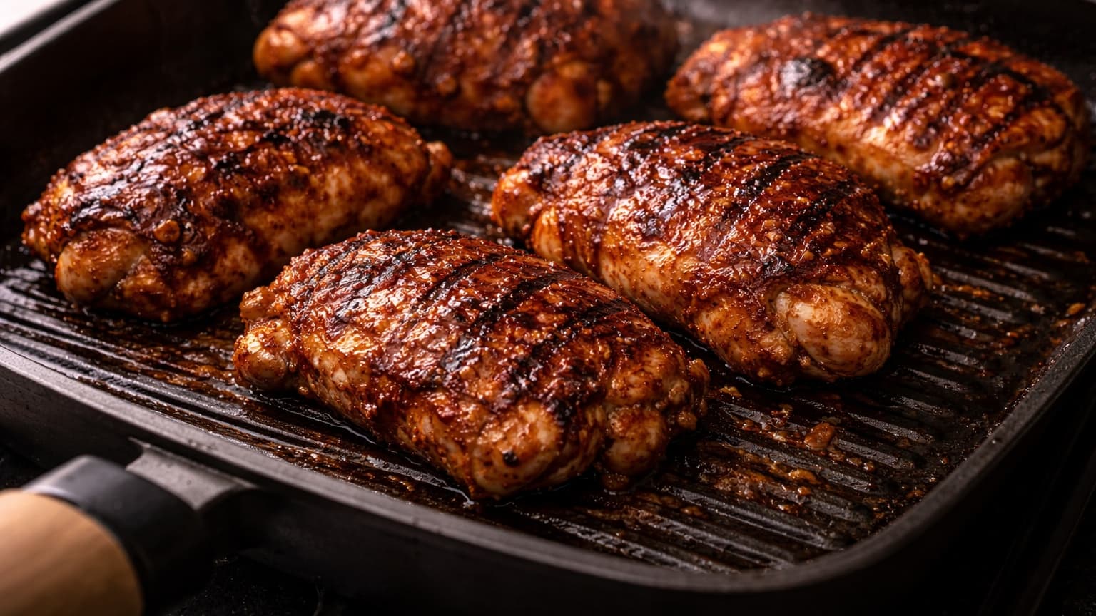 Close-up food photograph shot from a 45-degree angle. A black grill pan holds chicken thighs sizzling, surfaces darkened with char lines and caramelized spice crust. The chicken appears juicy with a slight sheen of oil. Background softly blurred, warm light, realistic cooking scene.