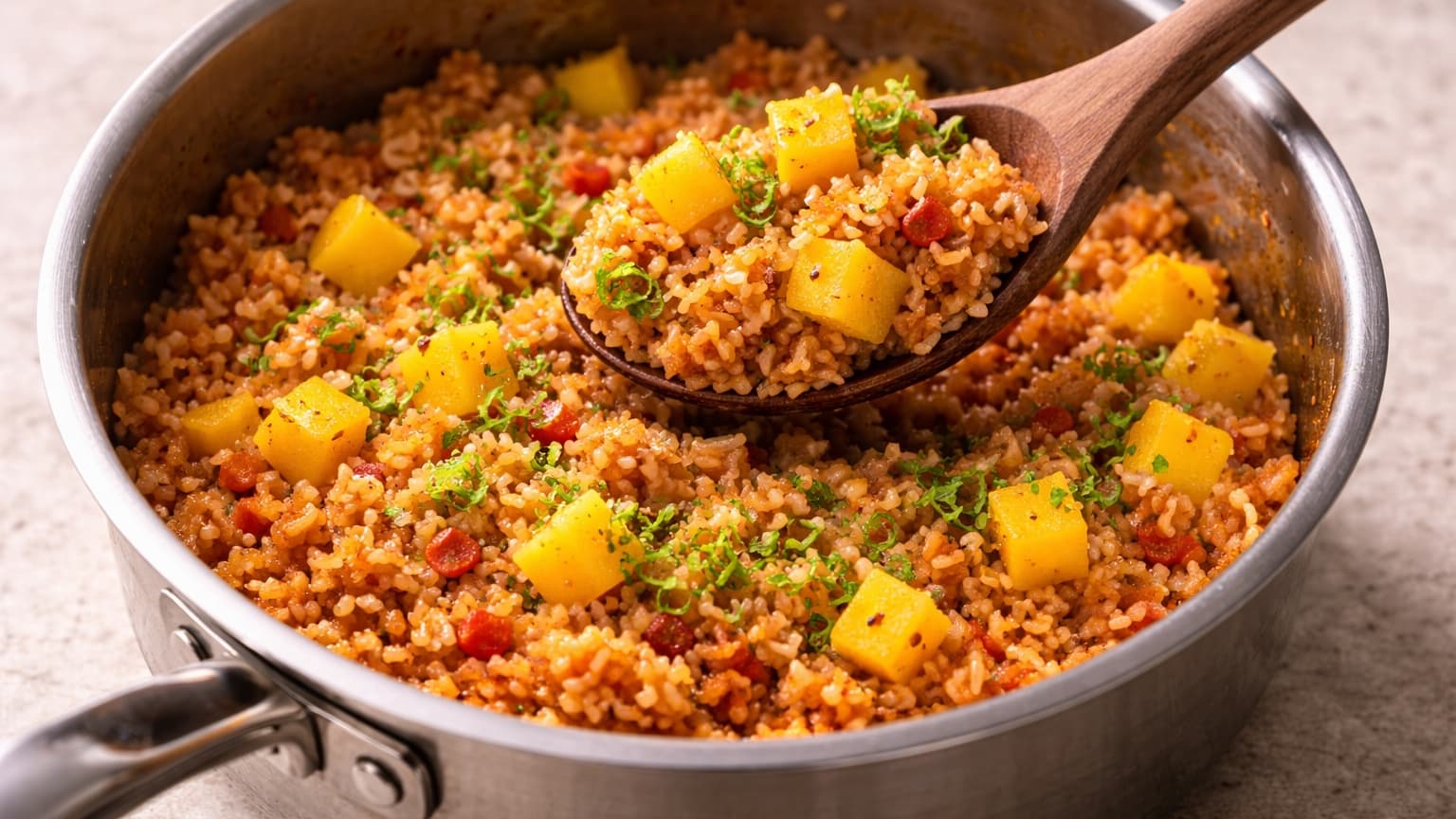 Top-down food photograph of a pot of cooked rice being gently mixed with bright yellow mango cubes and fine green lime zest. A wooden spoon lifts the rice slightly, showing fluffy texture. Clean, minimal background with natural daylight.