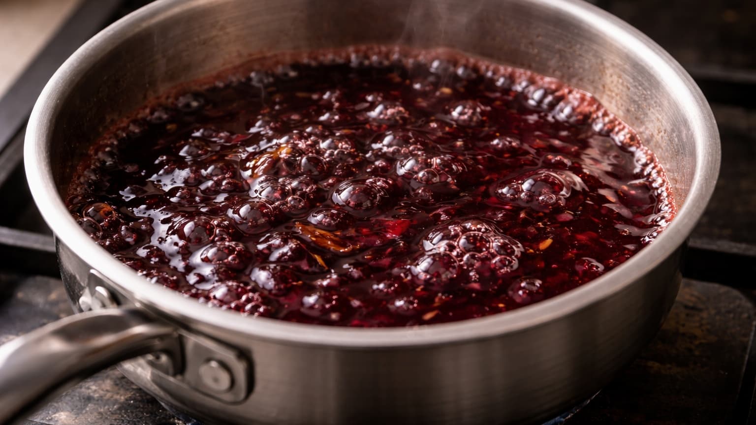Close-up kitchen photograph shot from a 45-degree angle. A small saucepan holds a deep ruby-red hibiscus liquid gently bubbling, steam rising lightly. The liquid looks glossy and slightly thick. Warm light, realistic cooking scene.