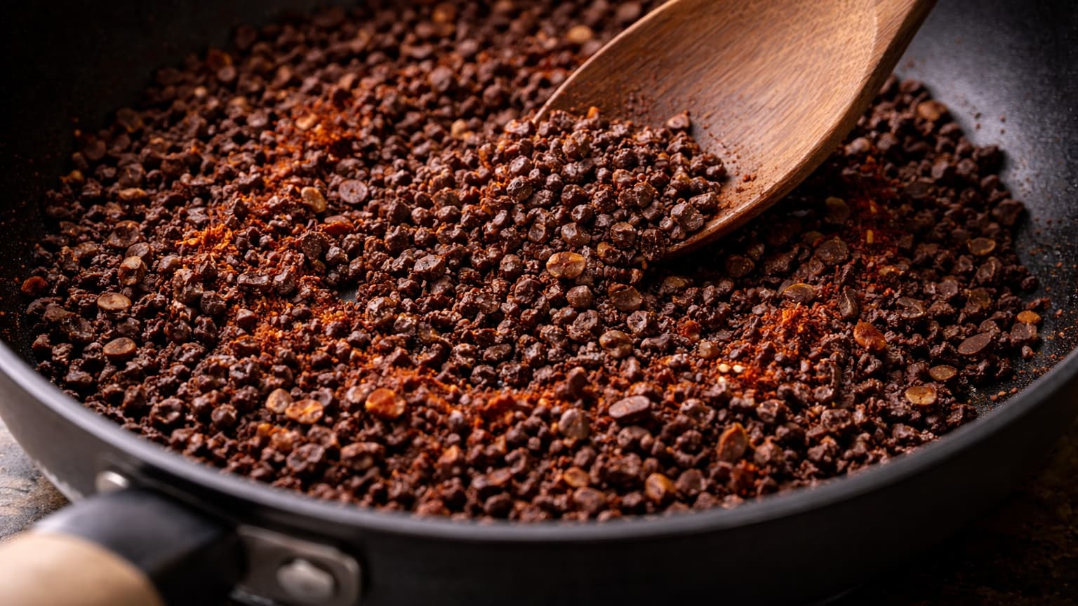 Close-up food photograph shot from a 45-degree angle. A black pan contains dark cacao nibs being stirred, with fine red chili powder visible. The nibs appear dry, textured, and lightly glossy from heat. Warm natural light, minimal background.