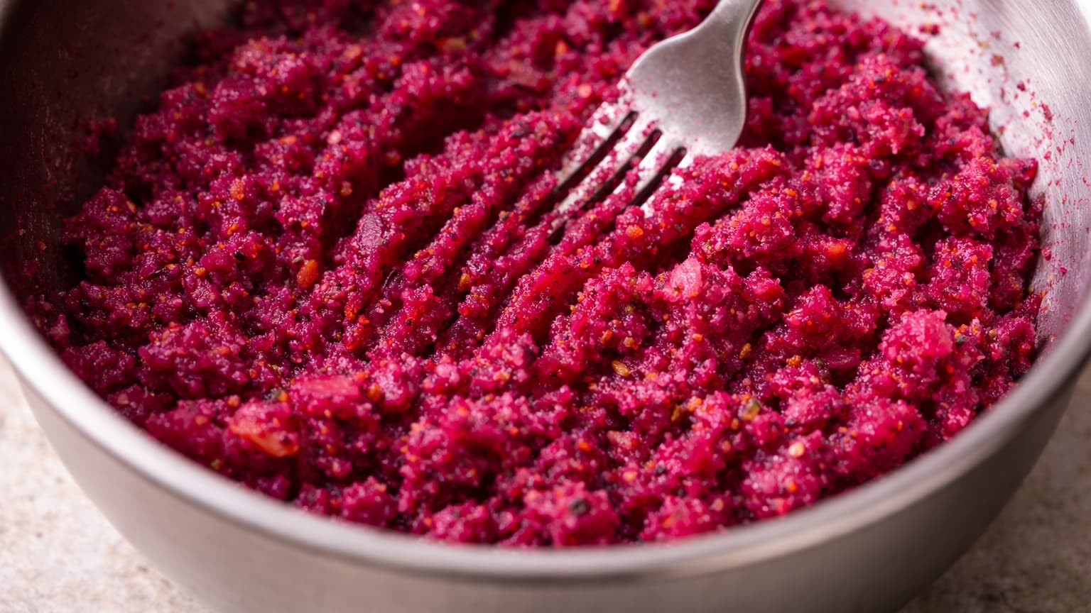 Close-up food photograph from a slight overhead angle. A mixing bowl containing a vivid magenta mash with visible specks of spices. A fork presses into the mash, creating textured ridges. Soft natural light, neutral background.