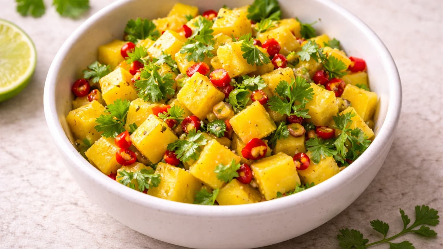 Bright overhead food photograph. A white bowl filled with vibrant golden mango cubes, tiny red chili pieces, and fresh green cilantro leaves. Lime juice glistens on the fruit. Clean, minimal background with soft daylight.