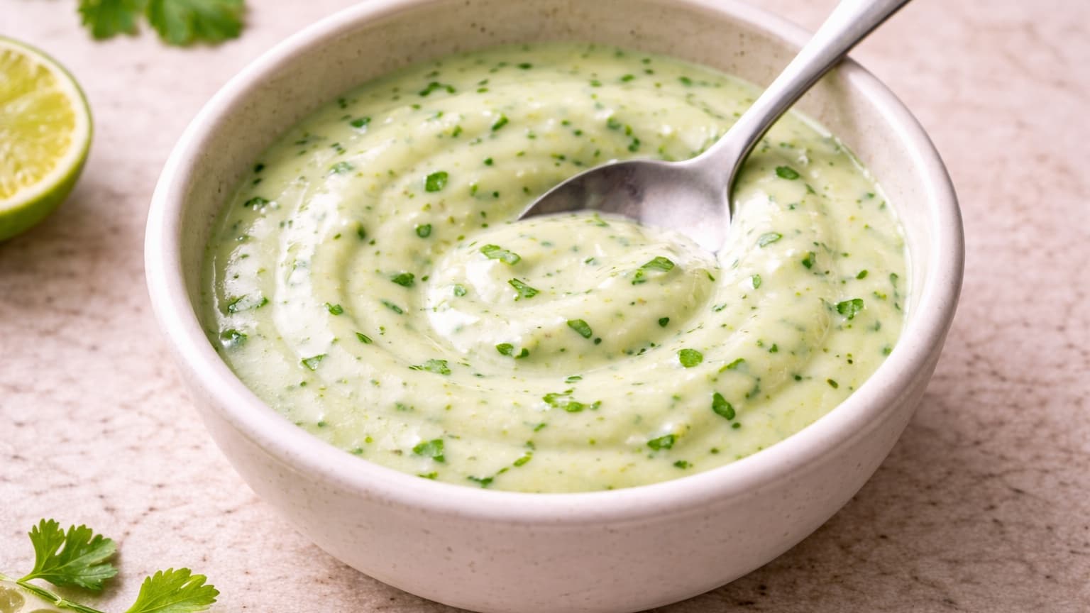 Close-up food photograph shot from above. A small ceramic bowl containing creamy pale green yogurt sauce with visible green herb flecks. A spoon rests inside. Soft natural daylight, minimal styling.