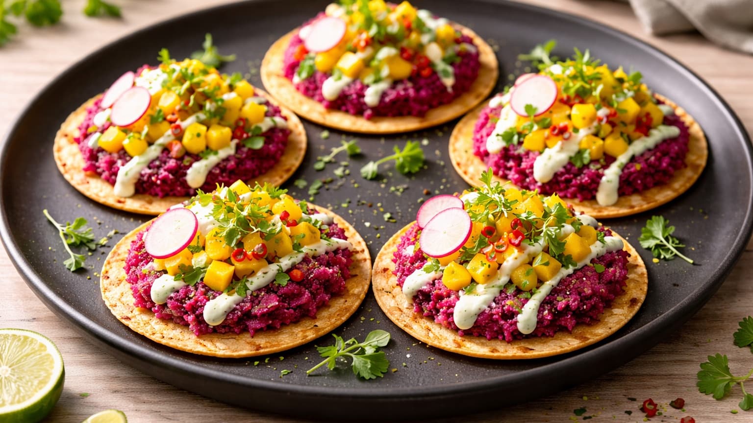 Natural food photograph shot from a 45-degree angle. Small golden corn tostadas topped with vivid magenta mash, bright yellow mango salsa, thin white and pink radish slices, and pale green yogurt drizzle. Garnished with microgreens. Plated on a matte black plate on a wooden table, soft daylight from the side, bold colorful presentation.