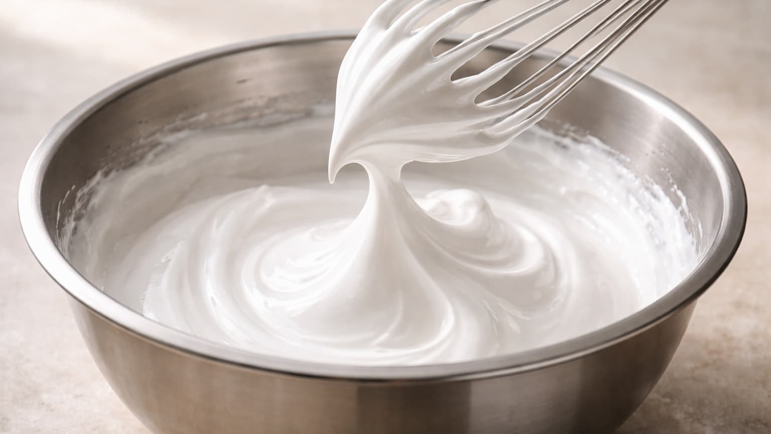 Close-up of a stainless steel mixing bowl filled with glossy white meringue. A whisk is lifted, forming a firm peak that stands upright. The texture looks smooth and shiny. The bowl sits on a neutral stone countertop with soft natural daylight highlighting the sheen.