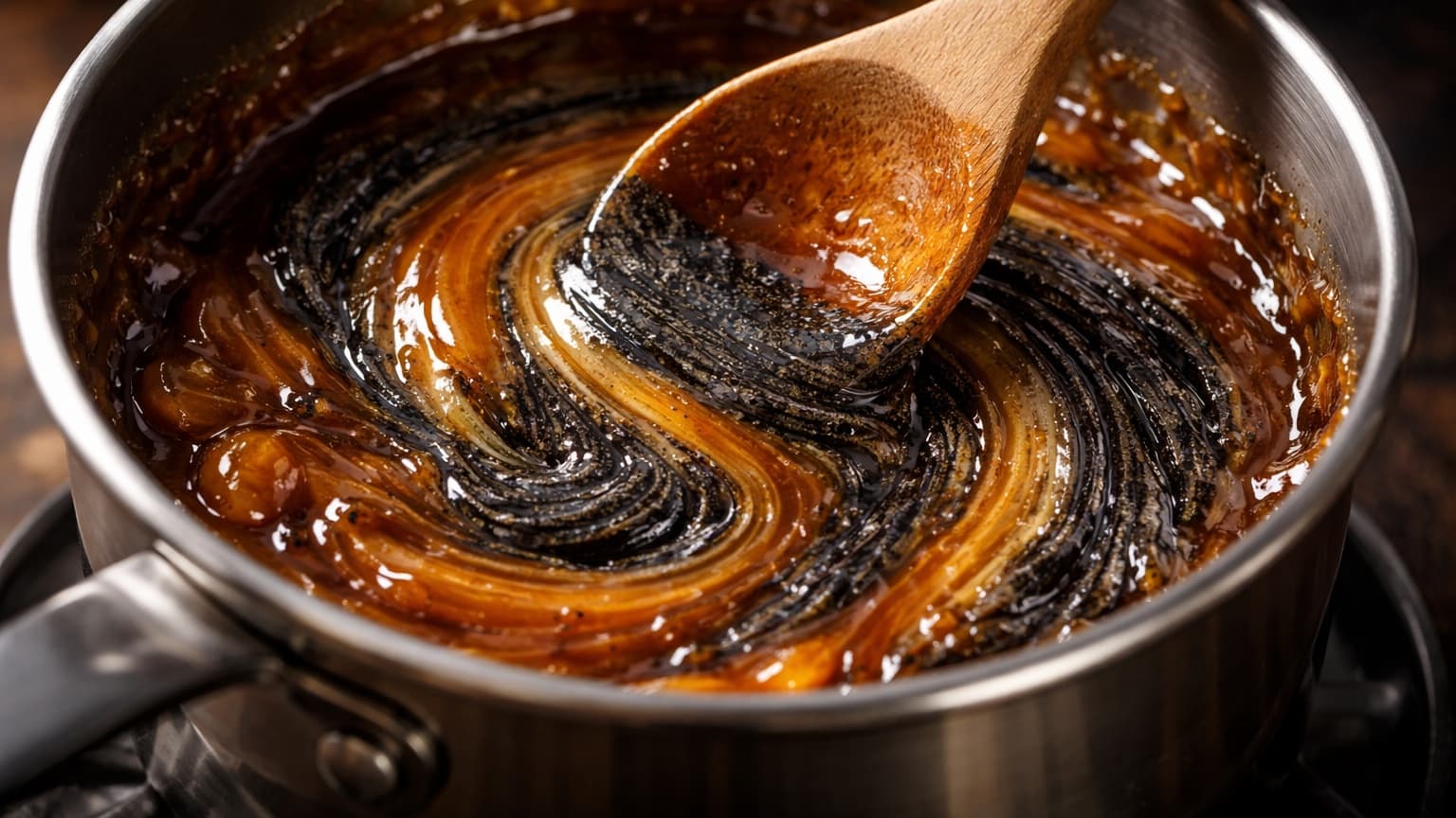 Small saucepan with glossy amber caramel being stirred with a wooden spoon. Dark swirls of black sesame paste blend into the caramel. Warm lighting reflects on the shiny surface.