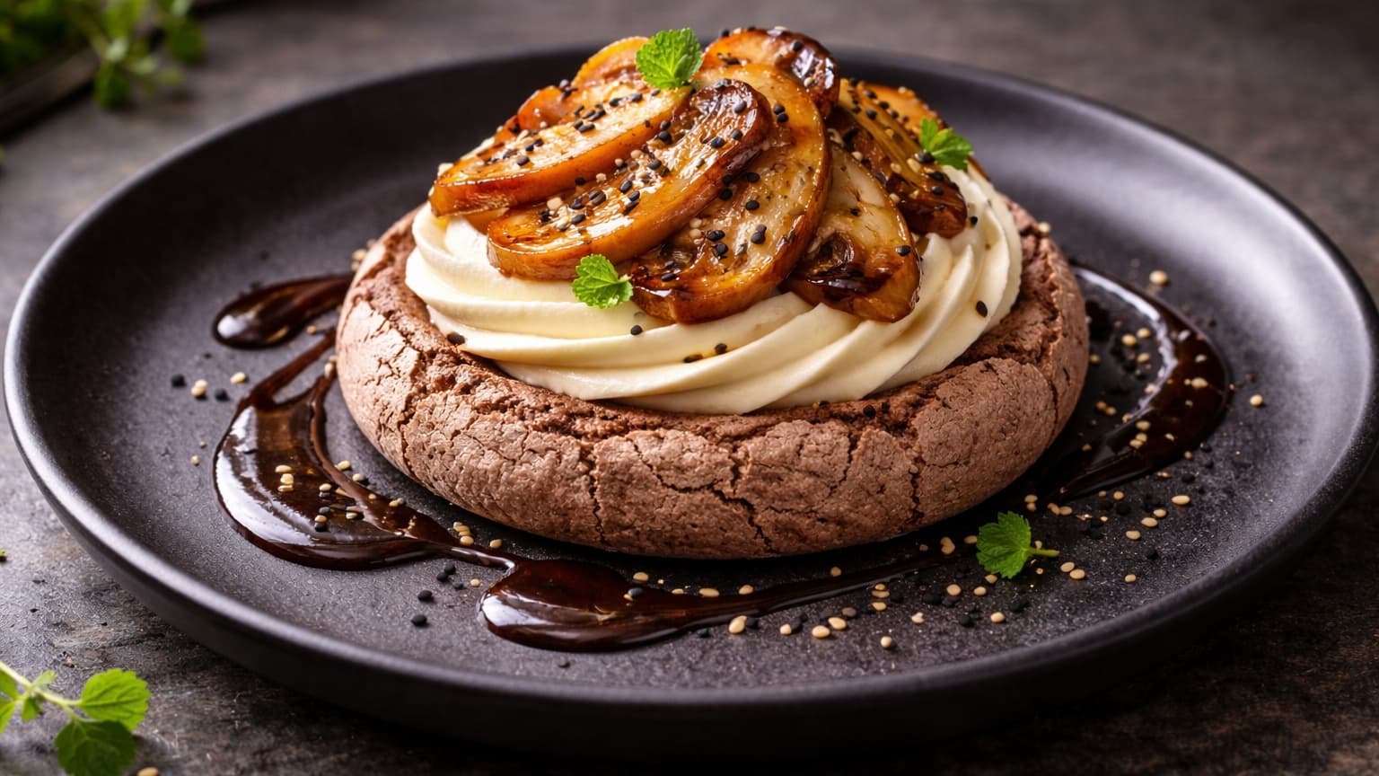 Finished plated dessert on a matte black ceramic plate: cocoa pavlova topped with ivory cream swirl and glossy golden mushroom slices. Black sesame caramel drizzled in artistic curves. Scattered sesame seeds and fresh mint microgreens. Dark stone table, soft side lighting, fine-dining atmosphere.