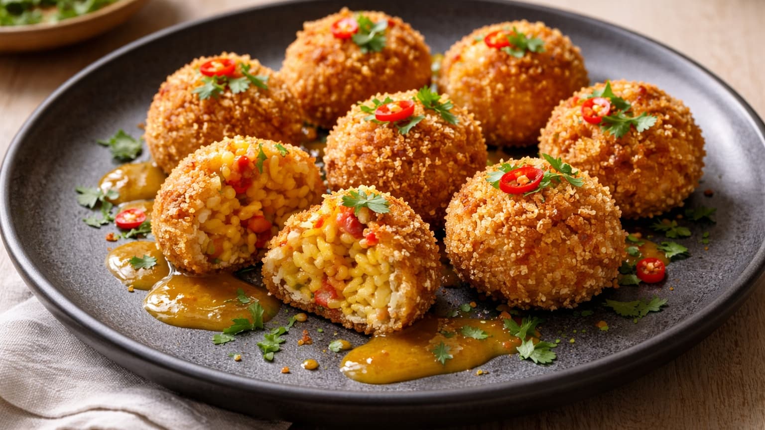 Delicious Crispy Kimchi-Saffron Rice Bites with Mango Lime Drizzle