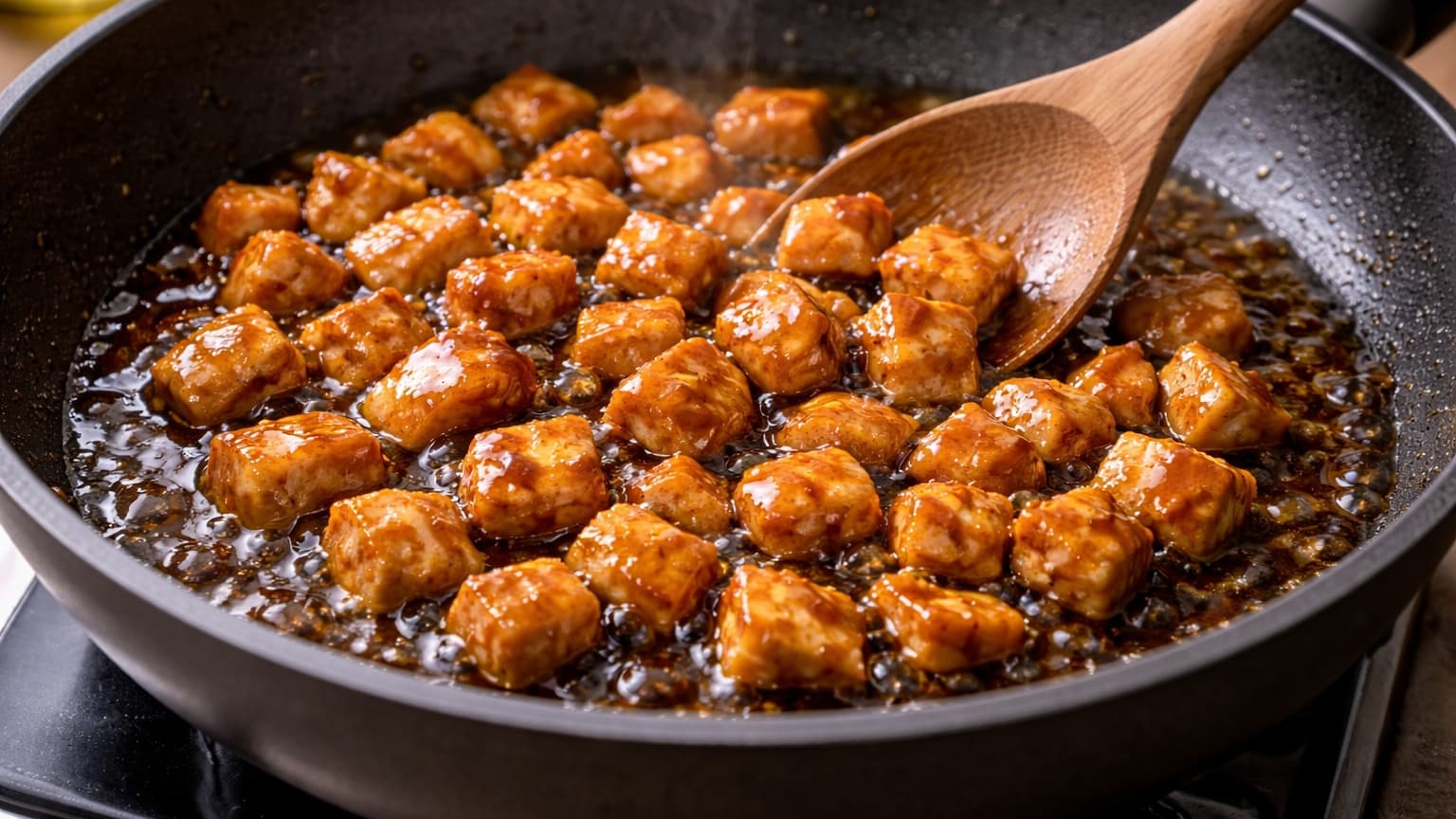 A small non-stick frying pan on a stovetop containing small evenly cut cubes of chicken coated in glossy brown teriyaki sauce. The sauce looks slightly thick and shiny. A wooden spoon is stirring the chicken. Gentle steam rises from the pan. Warm kitchen lighting creates a cozy atmosphere with soft reflections on the sauce.