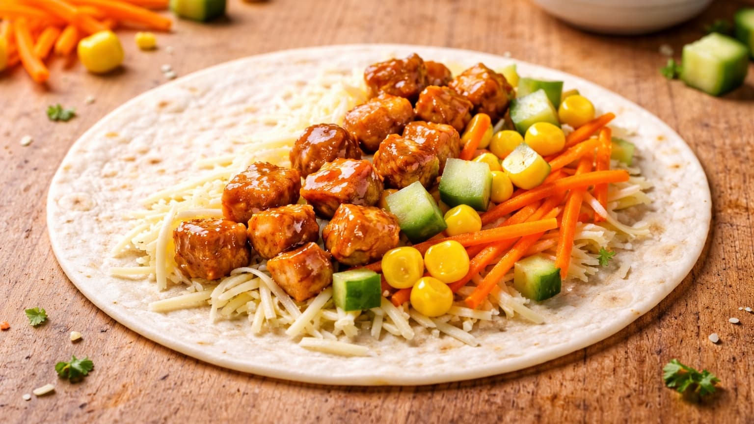 A small round flour tortilla lying flat on a wooden countertop. On one half of the tortilla there is a layer of pale shredded cheese, topped with glossy brown chicken cubes, thin bright orange carrot strips, yellow corn kernels, and small green cucumber cubes. The ingredients are neatly arranged and colorful. Bright natural light highlights the textures.