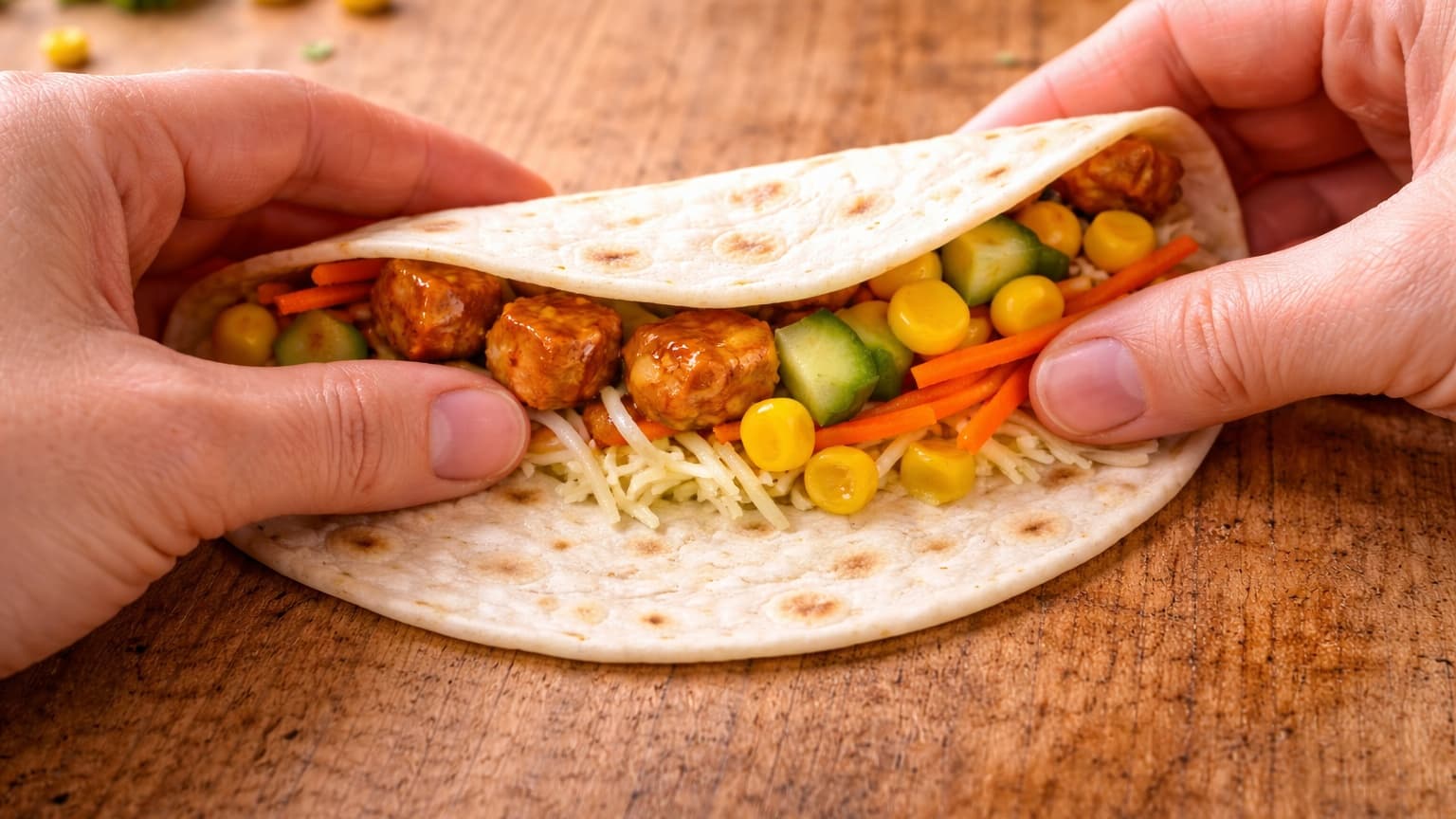 Close-up of two hands folding a small flour tortilla in half over the colorful filling. The tortilla forms a neat half-moon shape. Some melted cheese is just starting to soften inside. The wooden countertop underneath is visible, and the lighting is soft and natural.