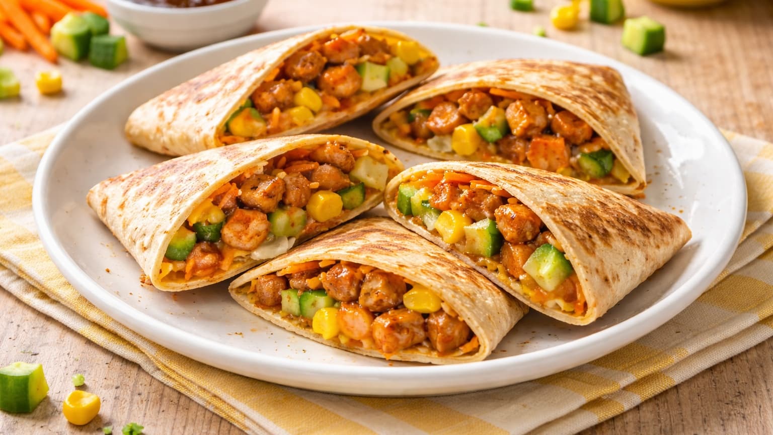 A white round plate with four small golden folded tortilla pockets cut in halves and arranged neatly. The cross-sections reveal glossy teriyaki chicken, orange carrot, yellow corn, green cucumber, and melted cheese. The plate sits on a light wooden table with soft daylight from the side creating gentle shadows. The dish looks colorful and inviting for children.