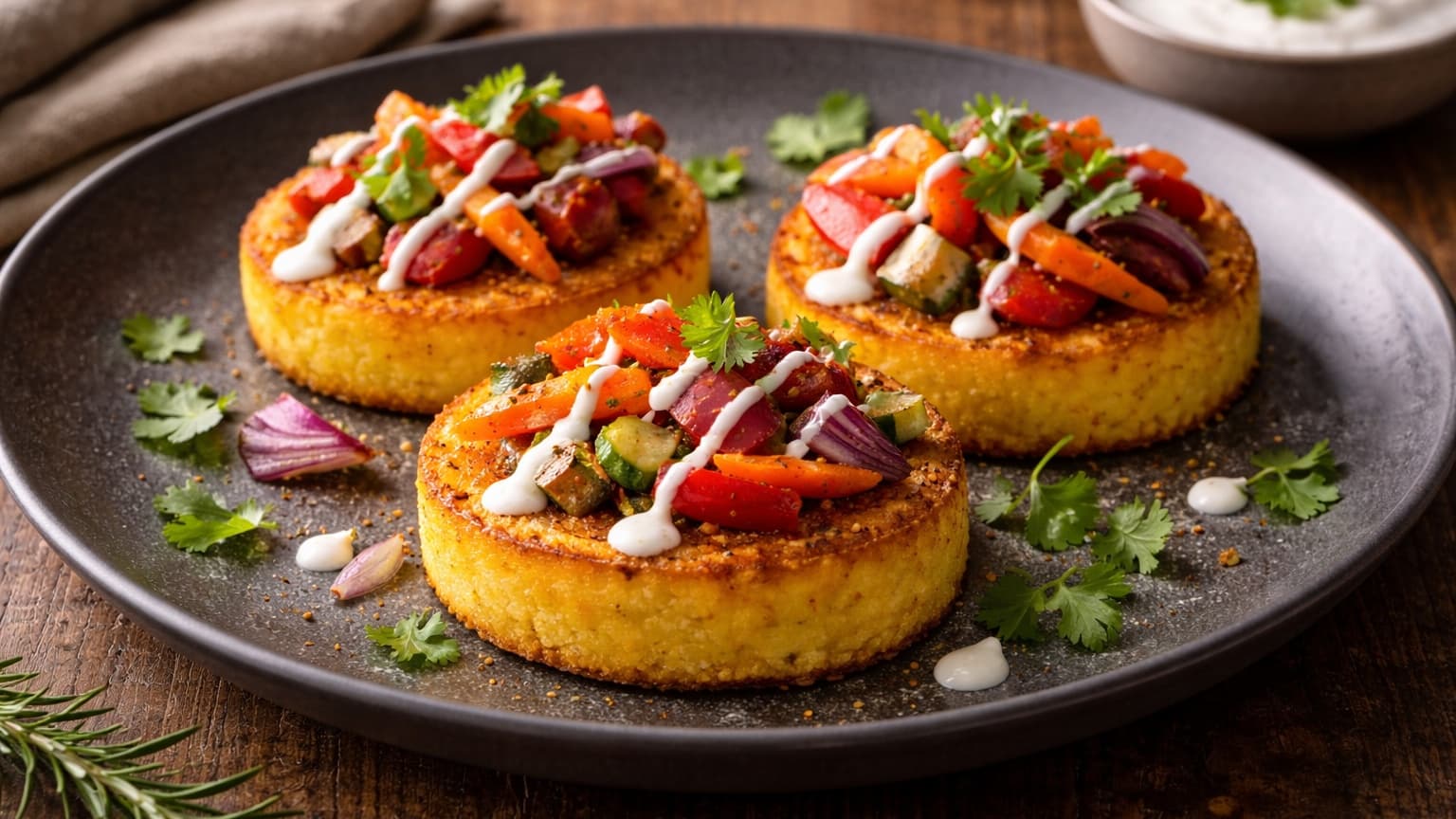 Delicious Miso Maple Polenta Cakes with Tandoori Veg Crunch