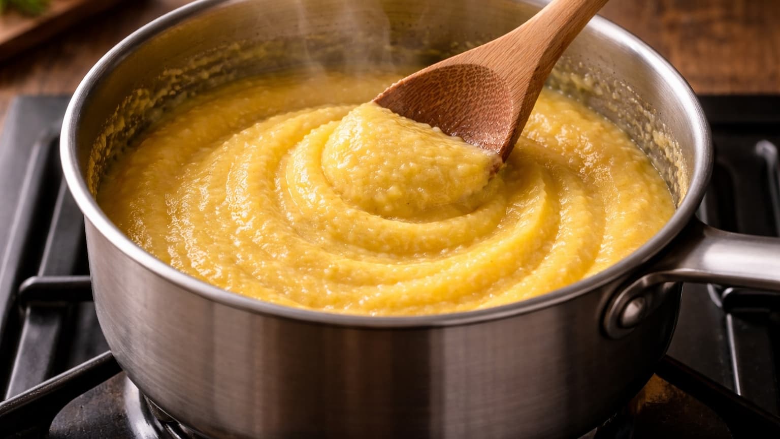 A medium saucepan on a stovetop filled with thick creamy yellow polenta. A wooden spoon is stirring the mixture, creating visible swirls. Steam gently rises from the surface. Warm kitchen lighting highlights the smooth glossy texture of the polenta.