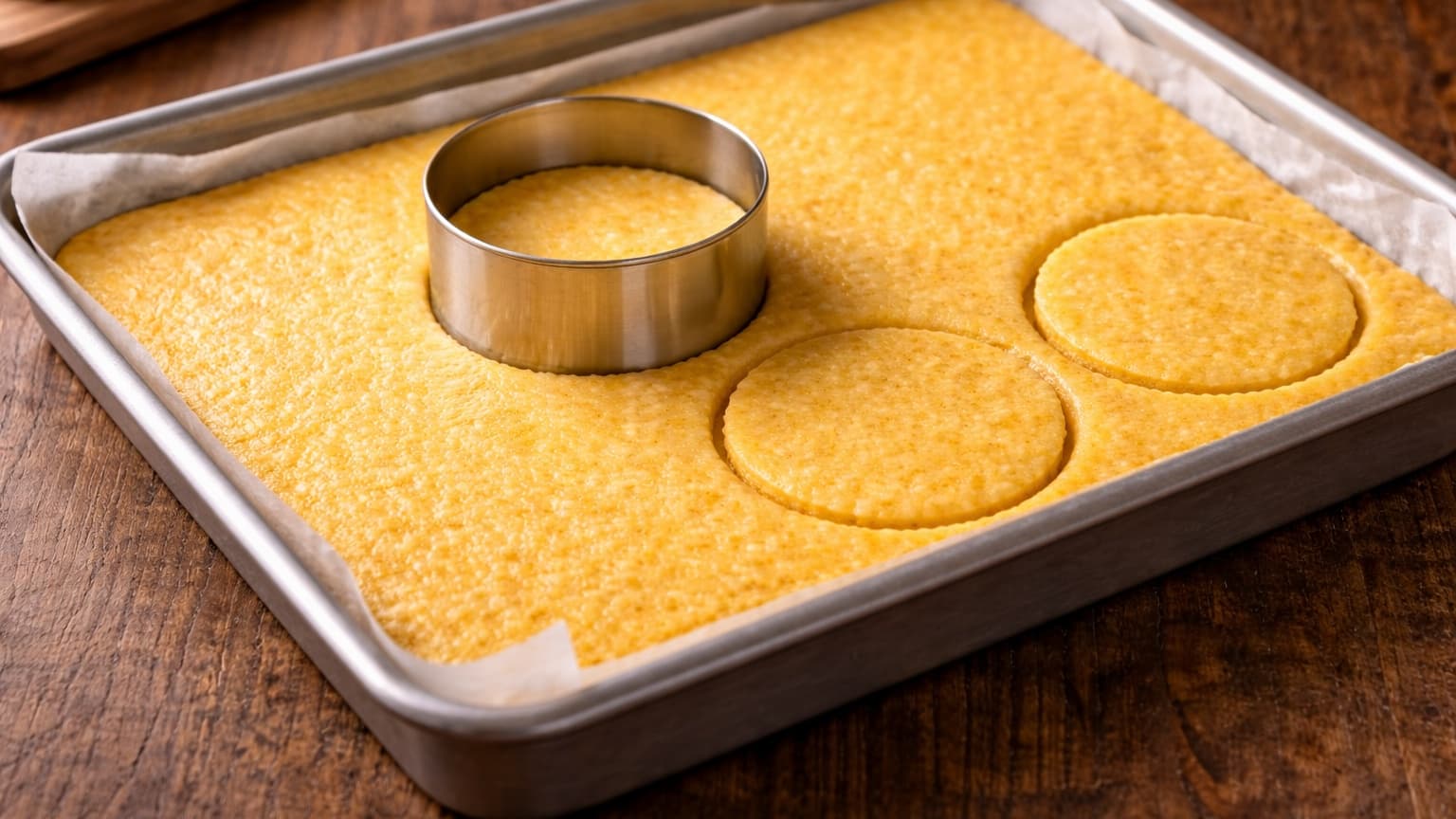 A rectangular tray filled with set golden polenta about 2 cm thick on a wooden countertop. A round metal cutter is pressed into the firm polenta creating neat circular shapes. The surface looks smooth and matte with clean cut edges. Soft natural light illuminates the scene.
