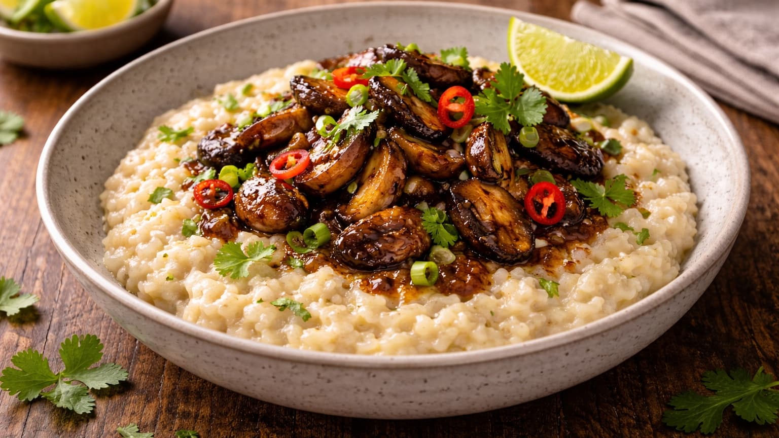 Delicious Lemongrass Coconut Risotto with Ginger-Soy Glazed Mushrooms