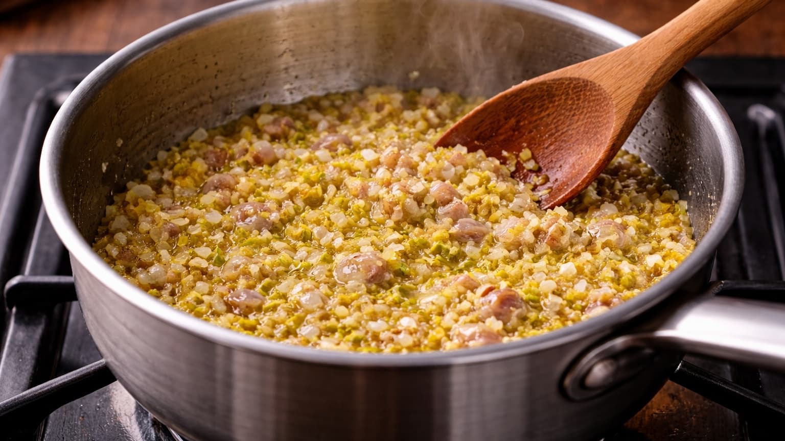 A stainless steel saucepan on a stovetop containing finely chopped shallots, garlic, and minced lemongrass sautéing in olive oil. The ingredients appear lightly golden and glossy with small bubbles forming in the oil. Steam rises gently while warm kitchen lighting highlights the aromatic mixture.