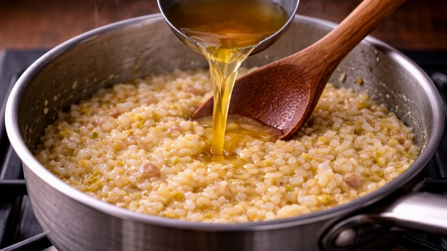 A saucepan filled with creamy risotto mid-cooking. A metal ladle pours warm vegetable broth into the pot while a wooden spoon stirs the rice. The mixture looks creamy and thick with visible grains suspended in a glossy sauce. Steam rises under warm kitchen lighting.