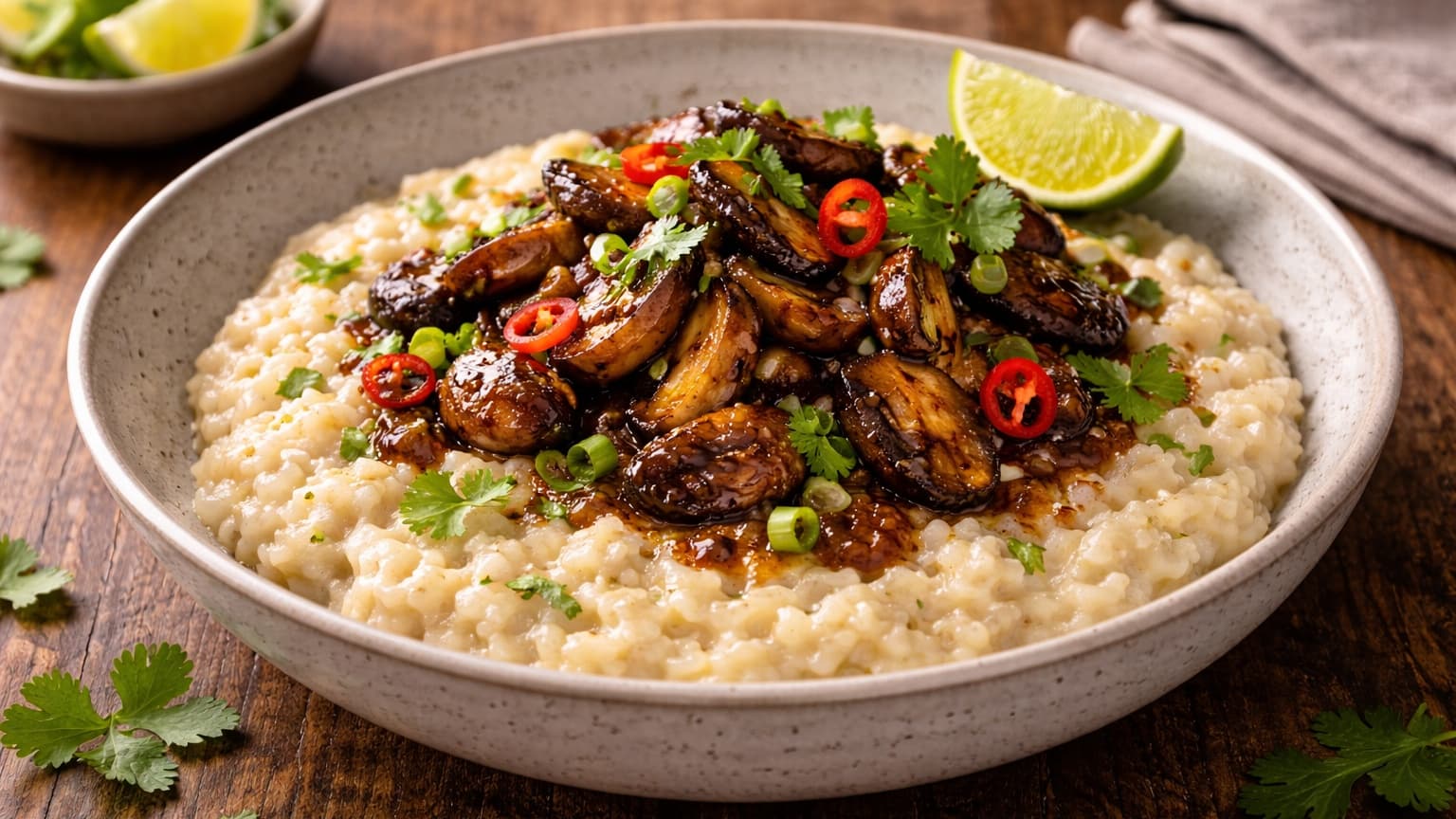 A finished bowl of creamy coconut risotto topped with glossy caramelized mushrooms. Bright green cilantro leaves, sliced green onions, and thin red chili rings decorate the top. The bowl sits on a rustic wooden table with warm natural side lighting that highlights the creamy texture and colorful garnishes.