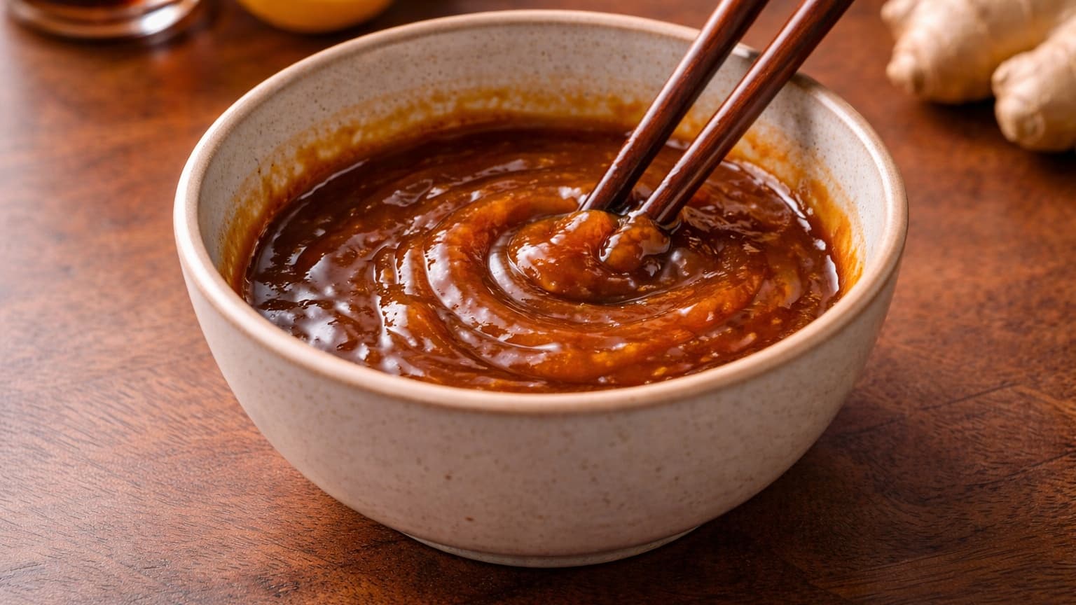 A small ceramic bowl containing a thick golden-brown miso glaze being stirred with a spoon. The sauce looks smooth and glossy. Nearby on a wooden surface are small dishes with soy sauce, honey, and miso paste slightly out of focus. Warm kitchen lighting highlights the shine of the glaze.