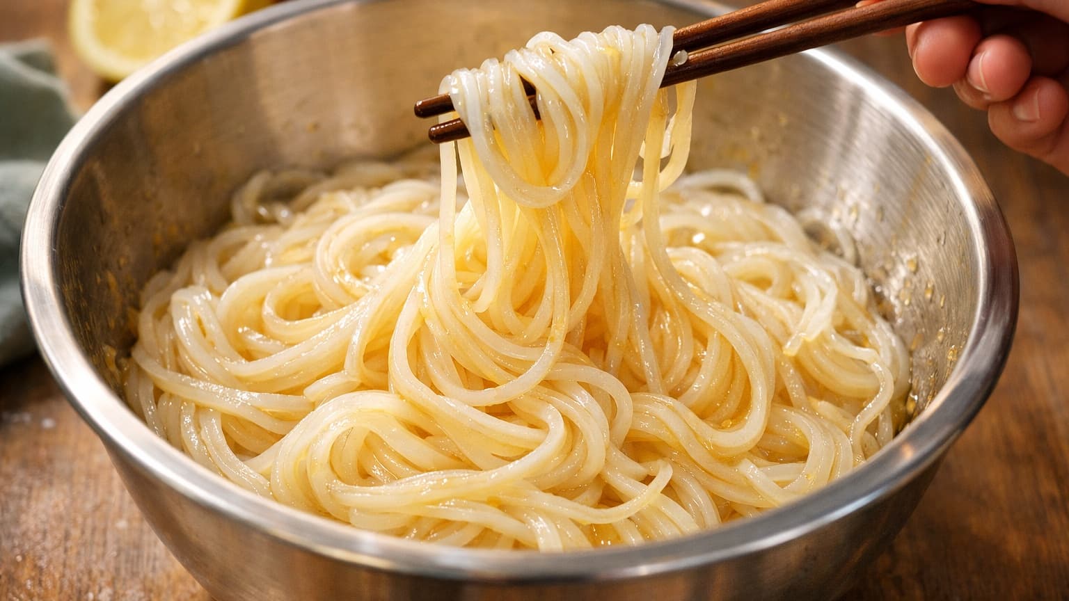 A medium pot filled with boiling water on a stovetop with thick white udon noodles cooking inside. Steam rises from the pot under soft kitchen lighting. A pair of wooden chopsticks gently lifts some noodles above the water, showing their thick, smooth texture. The kitchen environment is warm and clean with a light-colored countertop.