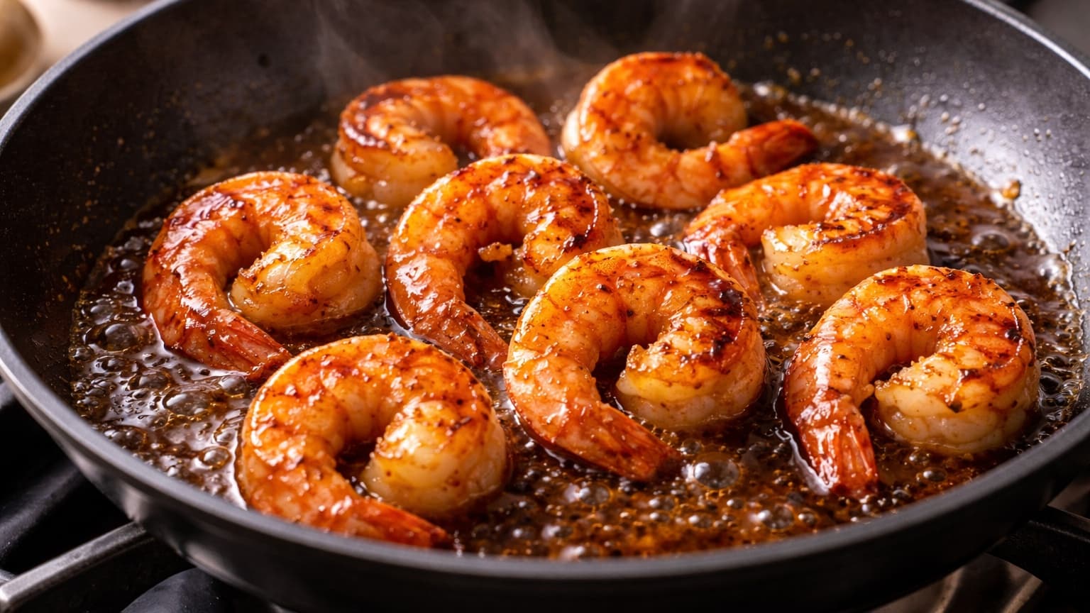 A black skillet on a stovetop with shrimp cooking in a glossy caramelized sauce. The shrimp are pink-orange with slightly charred edges, coated in a shiny glaze. Small bubbles form around them and steam rises gently. Warm lighting enhances the golden tones of the shrimp.