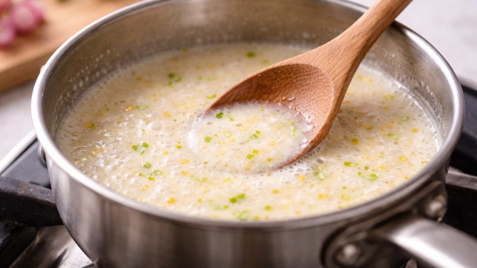 A small saucepan with a creamy pale sauce simmering gently. Tiny bubbles appear on the surface, and a wooden spoon stirs the mixture. The sauce has a smooth texture with visible flecks of lime zest and ginger. The scene is lit with soft natural kitchen light.