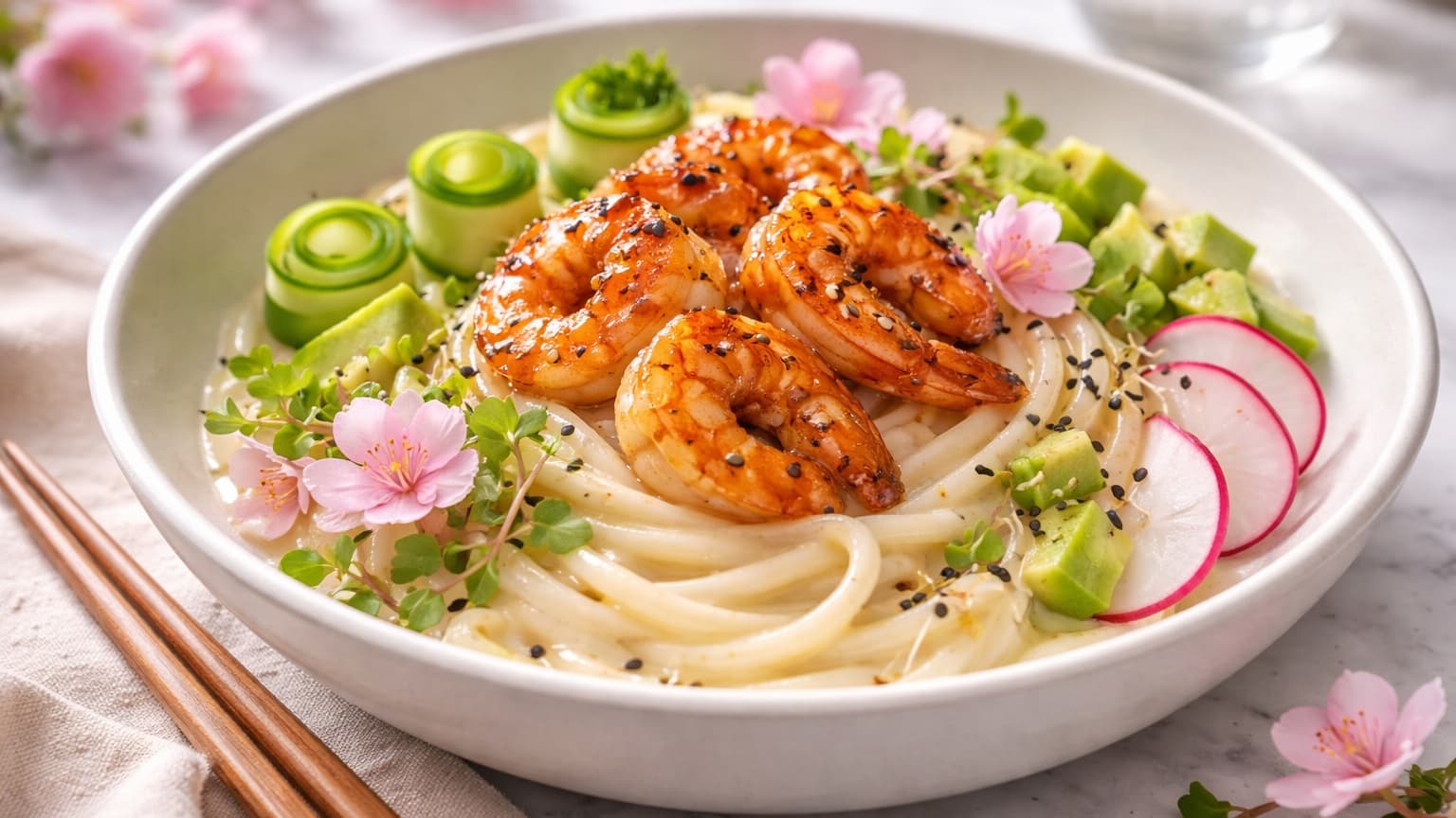 A beautifully plated dish with creamy udon noodles arranged in a neat nest in the center of a white ceramic bowl. Golden glazed shrimp sit on top. Around them are curled cucumber ribbons, pink radish slices, diced avocado, microgreens, and edible flowers. The presentation is elegant with soft natural lighting and a marble table background.