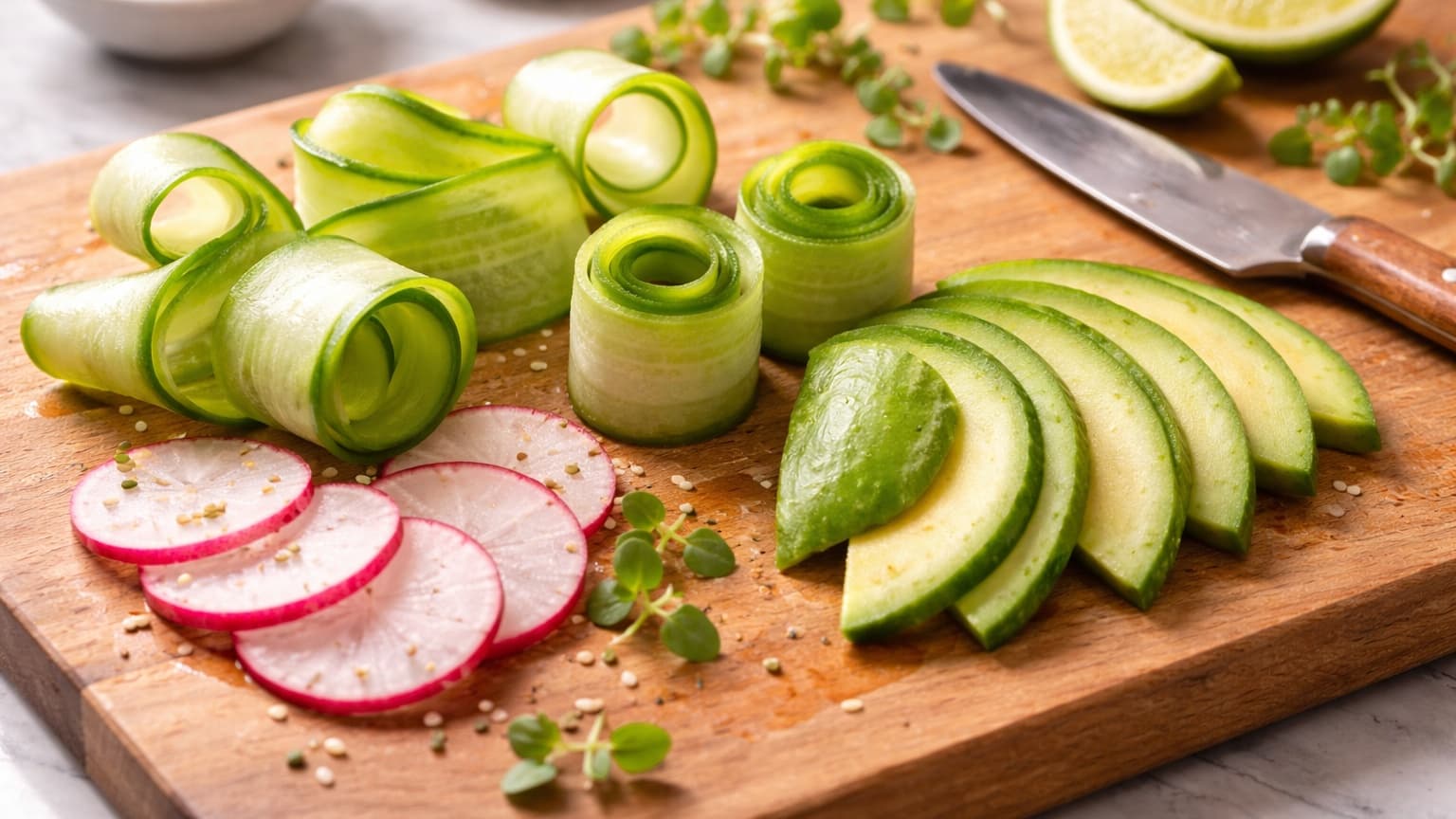 A wooden cutting board with fresh vegetables being prepared. Long pale green cucumber ribbons curl into elegant spirals while avocado slices are arranged like flower petals. A small knife and fresh radish slices sit nearby under bright natural kitchen lighting.