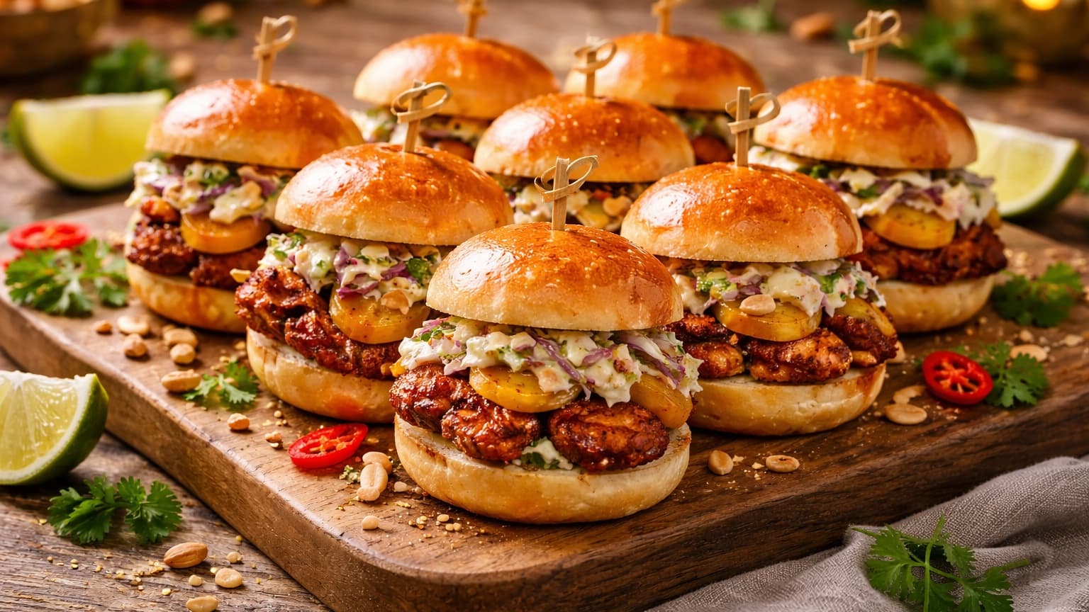 A rustic wooden serving board filled with small sandwich sliders, each about 7 cm wide. The buns are golden and slightly glossy. Inside each slider is grilled suya-spiced chicken with a deep reddish-brown crust, slices of caramelized golden plantains, and a creamy slaw with hints of green herbs and purple cabbage. Toothpicks hold each slider together. Around the board are scattered roasted peanuts, red chili slices, and lime wedges. The setting is warm with soft ambient lighting, a wooden table surface, and a slightly blurred festive background suggesting a party atmosphere.