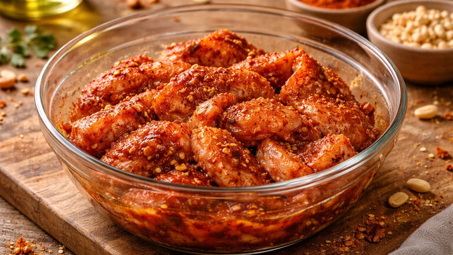 A close-up of raw chicken slices in a bowl coated in deep red suya spice seasoning and oil. The spices cling to the meat, creating a textured surface. The bowl sits on a wooden countertop with small bowls of spices and peanuts in the background under warm kitchen lighting.