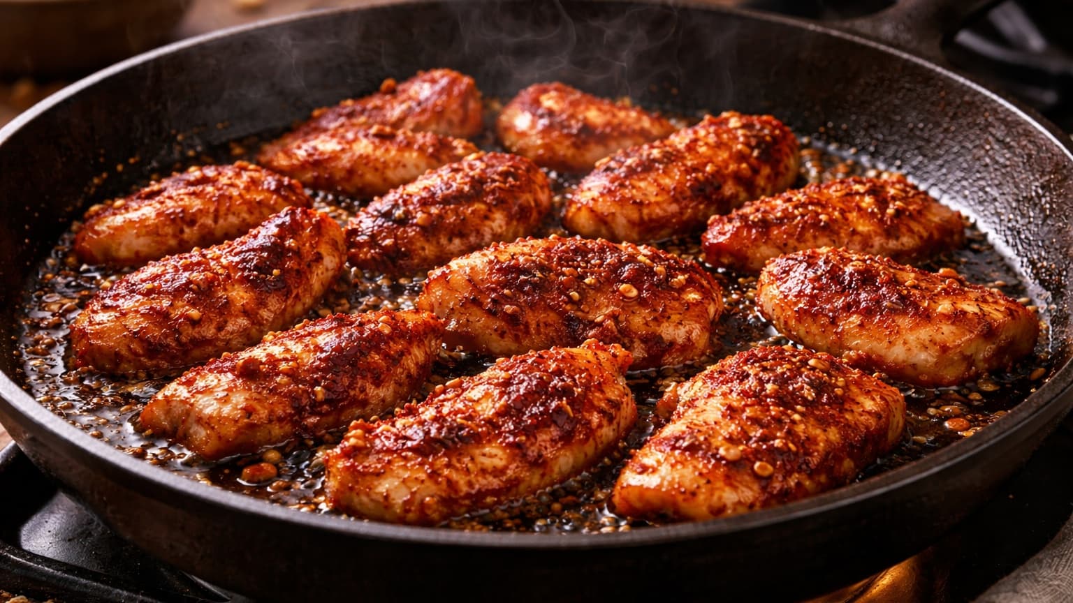 A skillet on a stovetop with chicken slices sizzling. The chicken has a reddish-brown crust with slightly charred edges. Steam rises gently, and oil glistens on the surface. Warm lighting highlights the texture and caramelization.