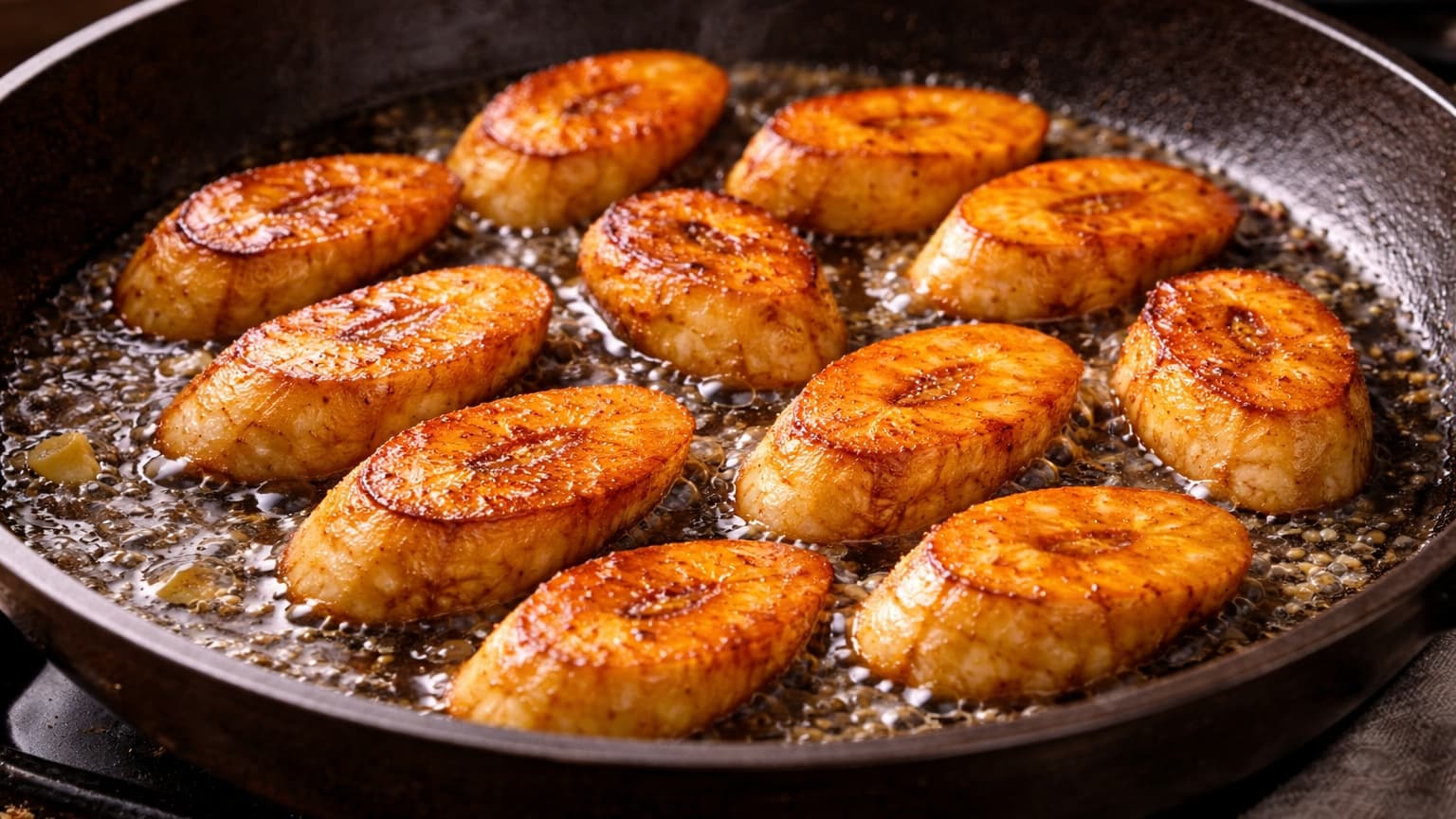 Golden plantain slices frying in butter in a pan. The slices are slightly curved, with caramelized edges and a glossy surface. Small bubbles form around them, and the lighting emphasizes their golden color.