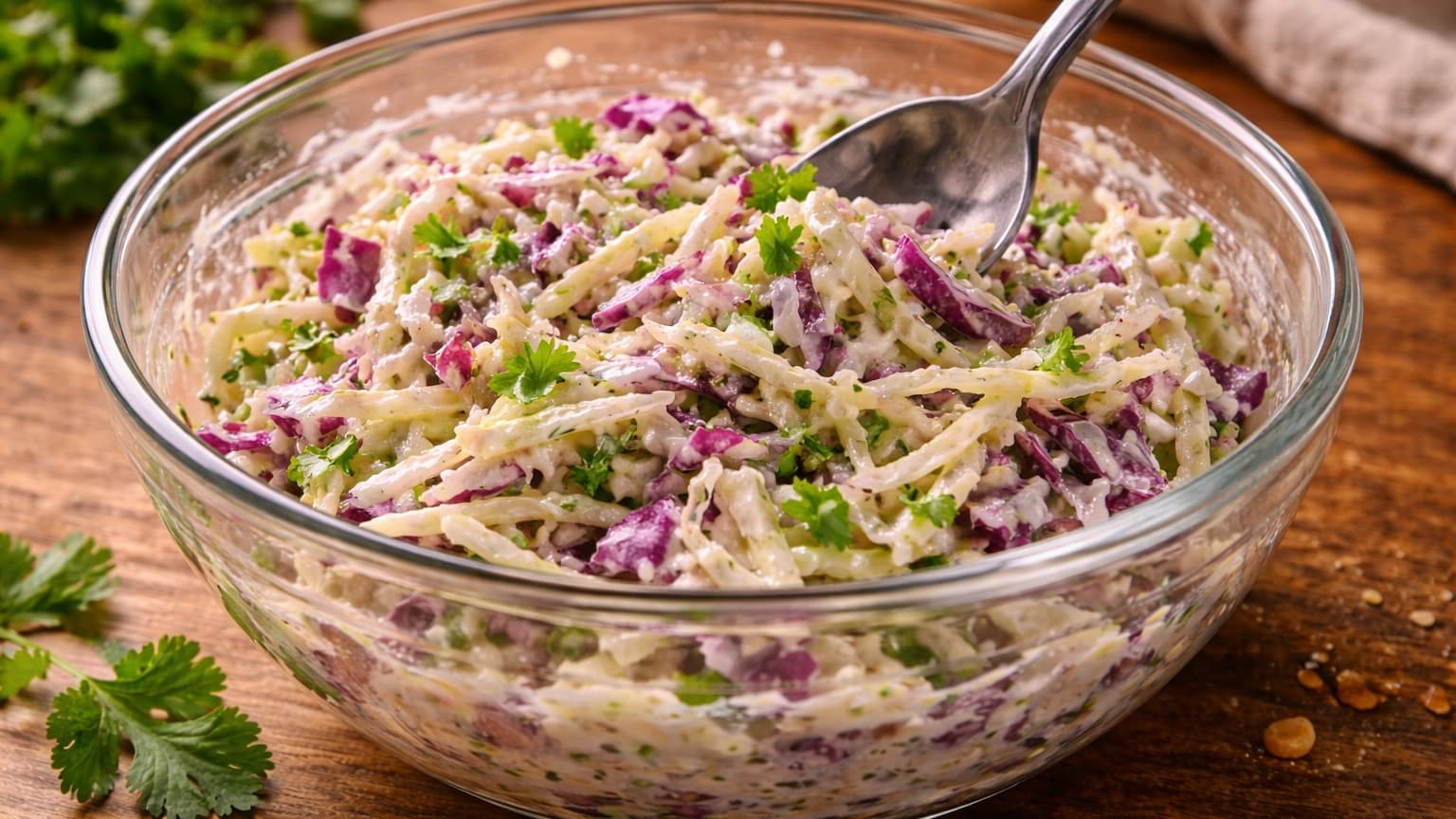 A glass bowl filled with colorful slaw made of shredded white and purple cabbage mixed with creamy yogurt dressing. Green cilantro pieces are visible. A spoon is mixing the slaw. The bowl sits on a wooden surface with soft natural light.