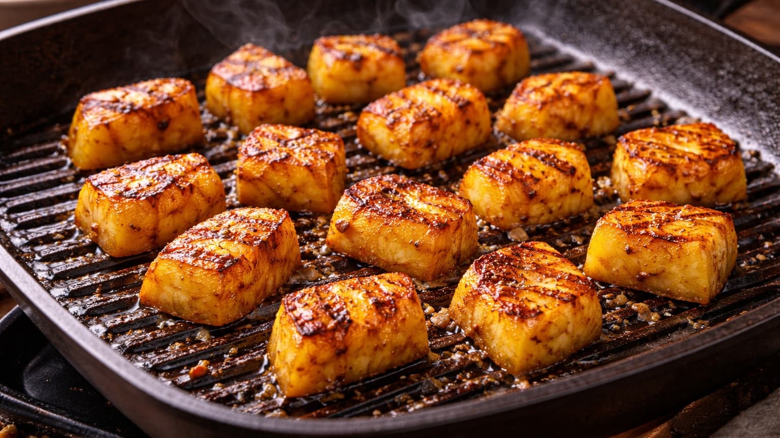 A grill pan with pineapple chunks sizzling. The pineapple has golden-brown grill marks and slightly charred edges. Steam rises gently, and the surface glistens. The lighting highlights the caramelization and vibrant yellow-orange tones.