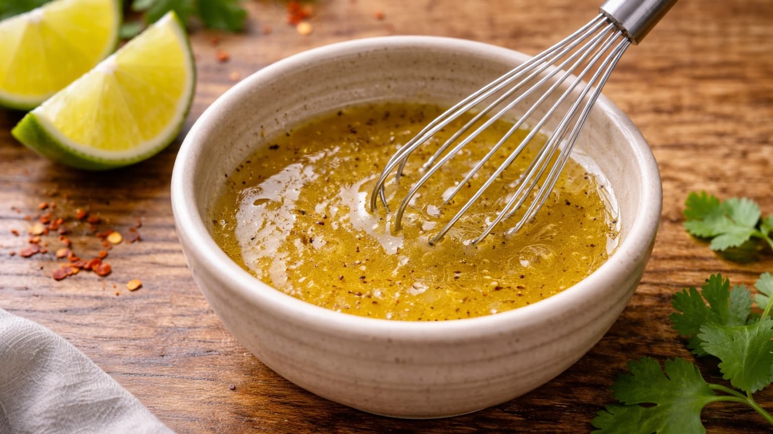 A small bowl with a light golden citrus dressing being whisked with a small whisk. The dressing has a glossy texture. The bowl is placed on a wooden surface with lime halves nearby under soft natural lighting.
