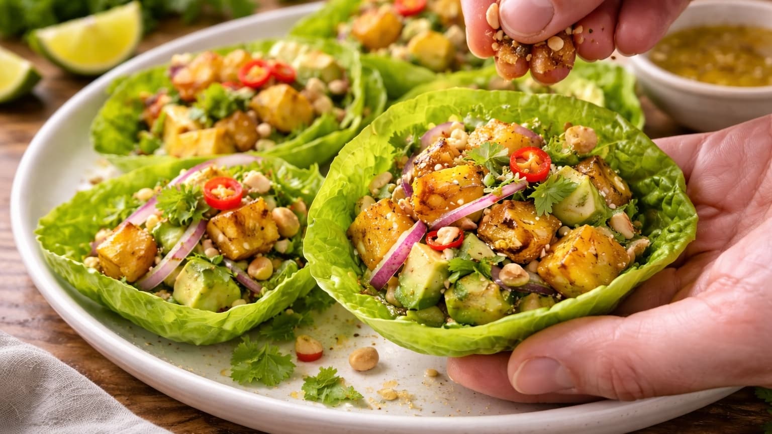 Hands assembling lettuce cups filled with colorful salad. The green lettuce leaves hold pineapple, avocado, and onion mixture. Crushed peanuts and red chili slices are sprinkled on top. The scene is bright and fresh with a wooden background.