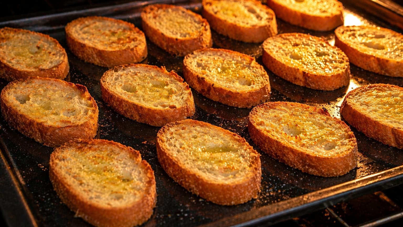 A baking tray filled with evenly spaced baguette slices brushed with oil, turning golden brown in the oven. The slices have crisp edges and a slightly glossy surface. Warm light highlights the texture of the toasted bread.