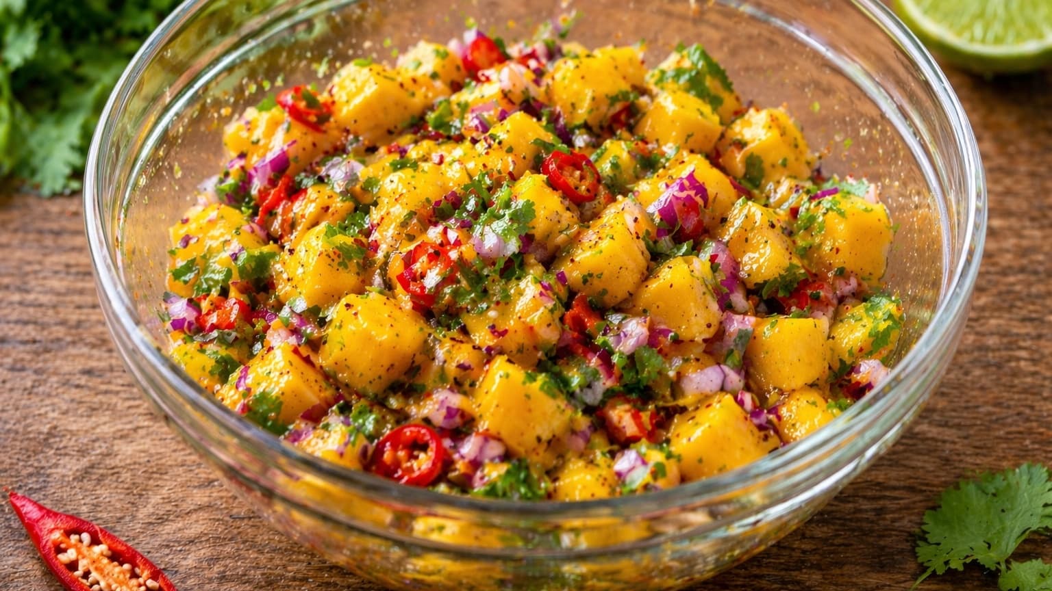 A glass bowl filled with bright mango cubes, finely diced red onion, thin chili slices, and green cilantro. The mixture looks glossy and fresh, lightly coated in dressing. The bowl sits on a wooden surface with soft daylight.